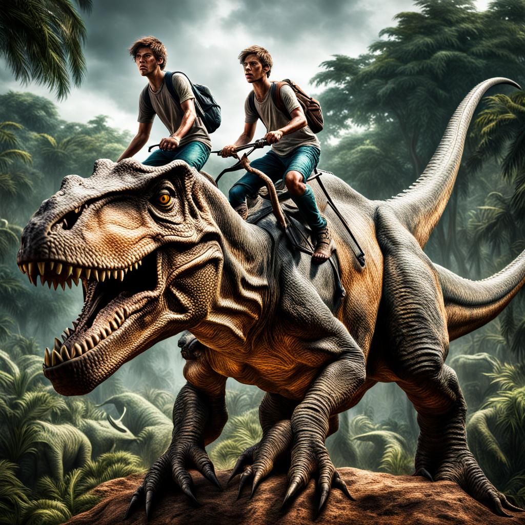 Two teenage brothers, prehistoric, riding dinosaurs