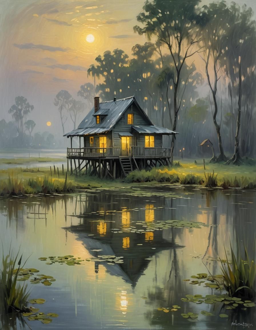 Misty Swamp House at Twilight as Oil Painting