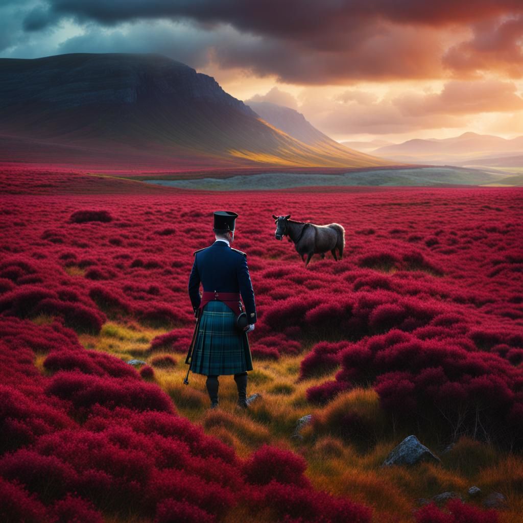 Red heather field of Scotland, Scotsman in national dress, b...