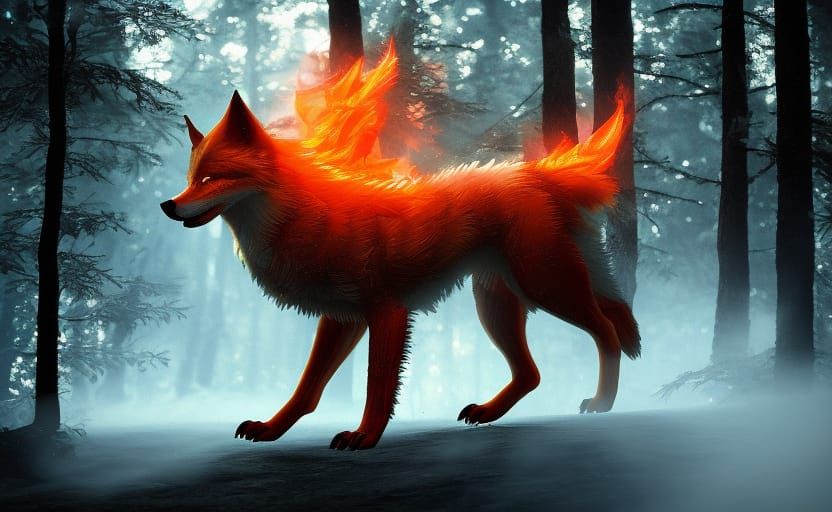 A hyper-realistic image of a firey wolf with neon eyes walki...