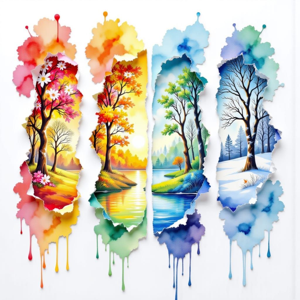 <lora:Four Seasons DE:1.0> Abstract vibrant watercolor portal swirls dripping in a double exposure effect across four vertical, ripped piece...
