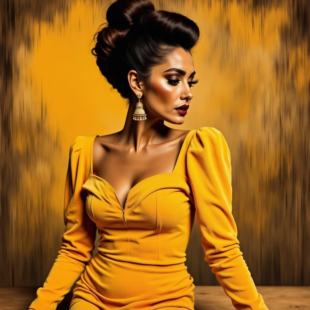 Misty nightclub singer beehive hairdo velvet yellow dress long eyelashes maroon lips <lora:Tawny Flux:1.0> 