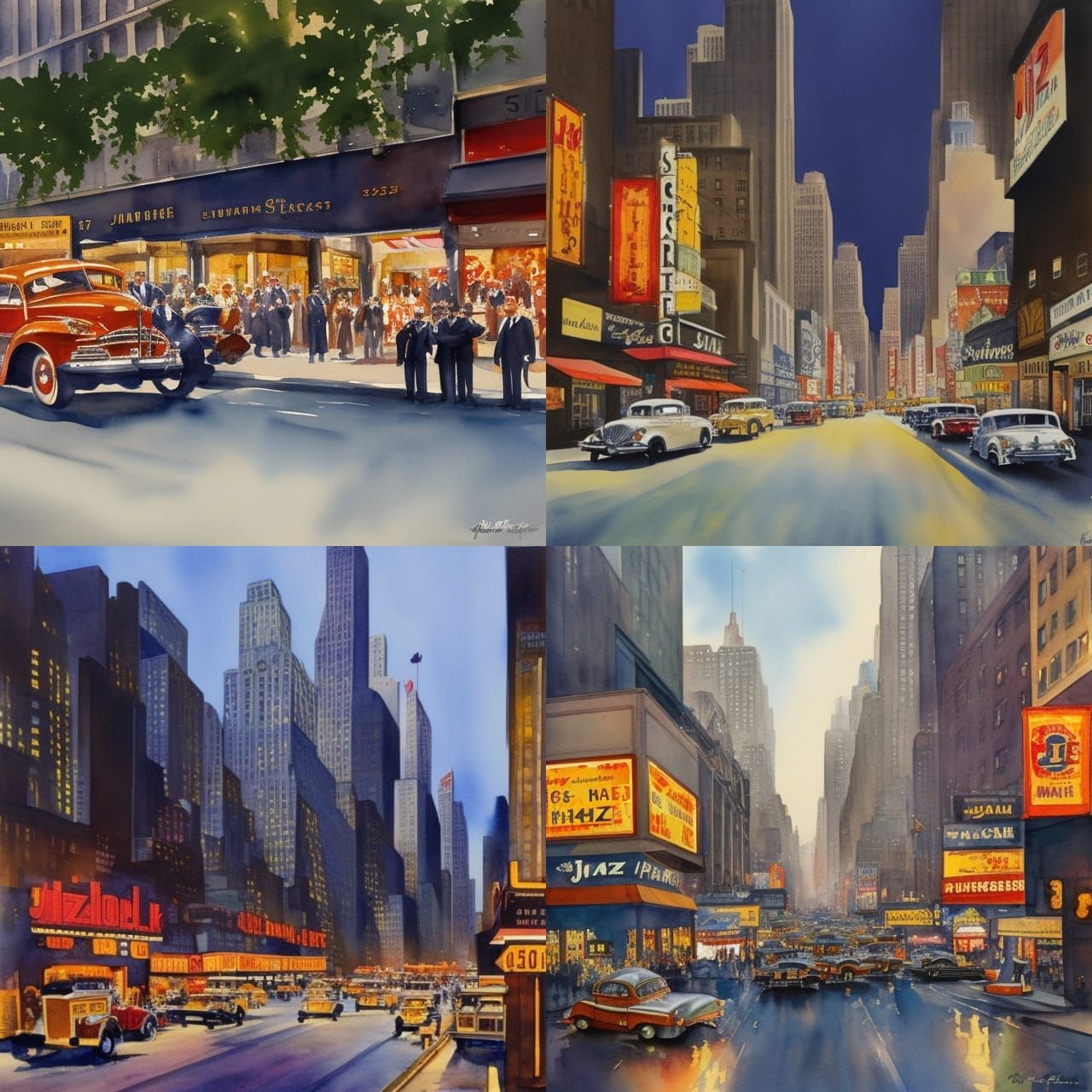 a wonderful watercolor painting of the jazz 52nd street in 1...