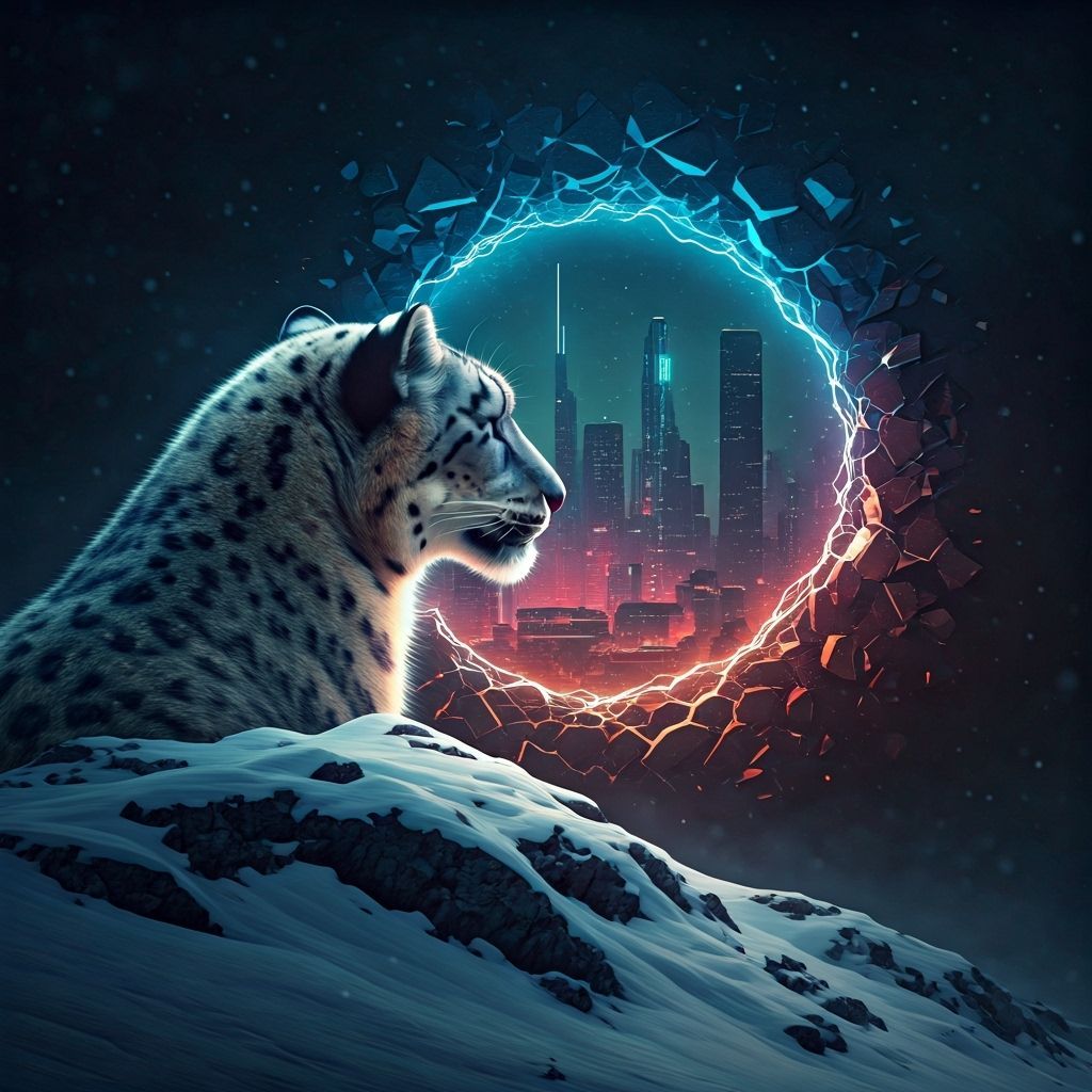 A majestic snow leopard, its fur blending seamlessly with a snow-covered mountain peak, gazes intently ...  by @But4er73