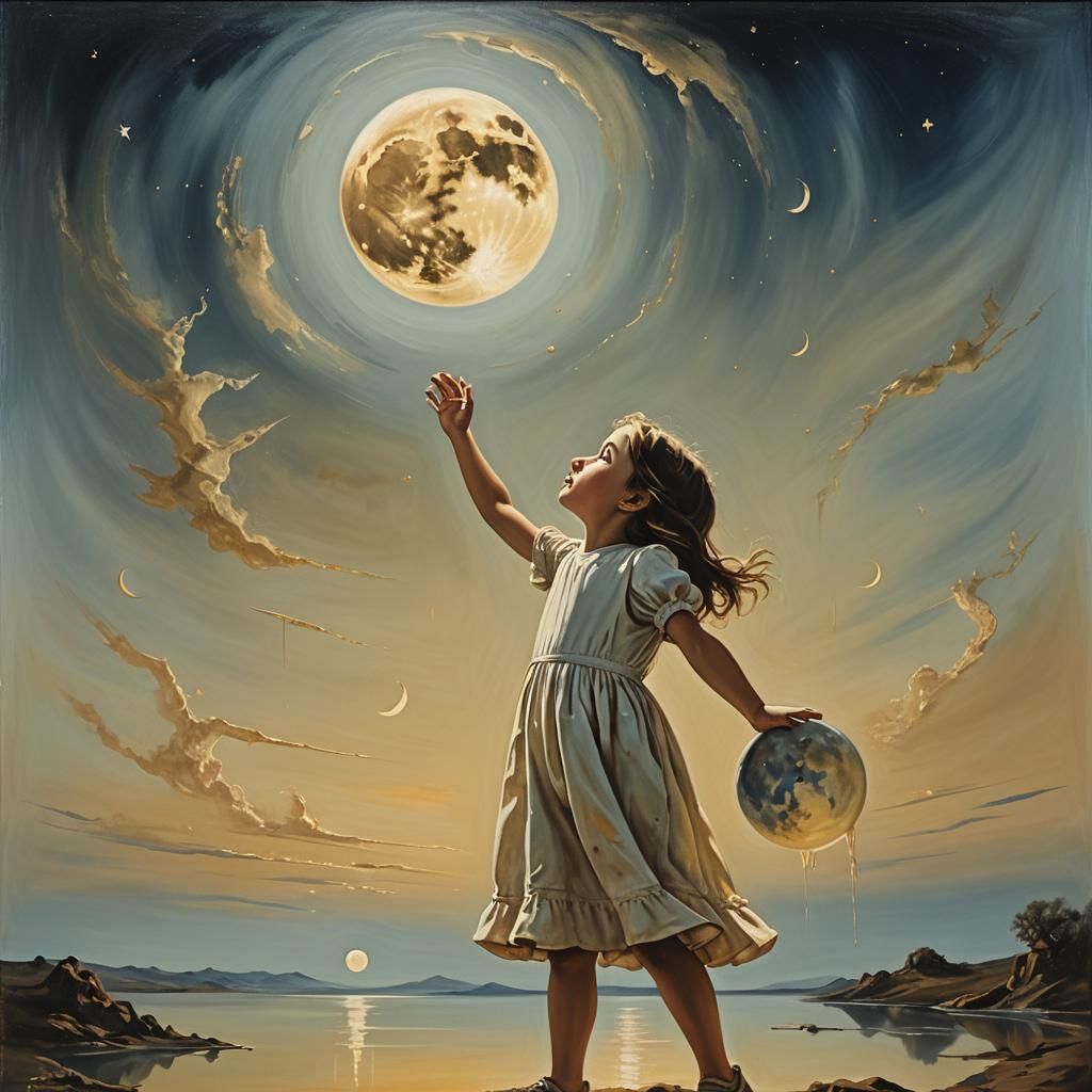 Surreal Little Girl Reaching for the Moon