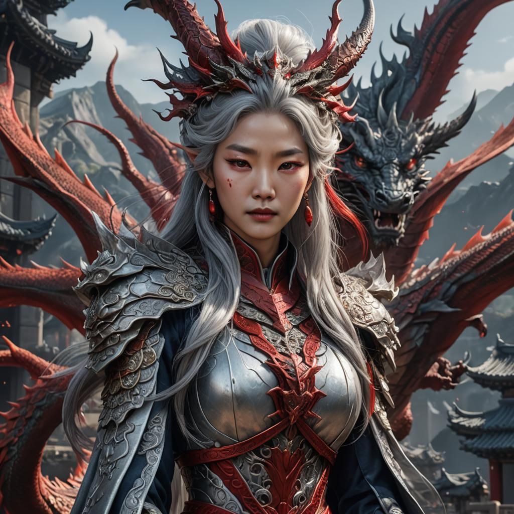 Korean lady silver hair red dragon queen