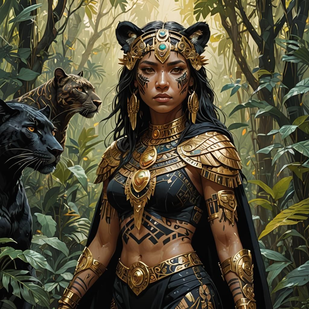 female aztec warrior panther, standing in the jungle, wearing a black cape, golden outlines, highly detailed, intricate motifs, organic trac...