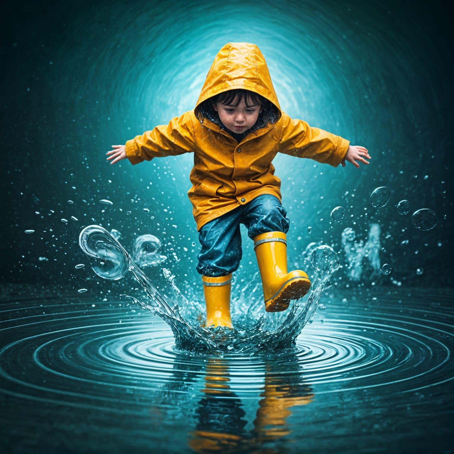 A small child wearing yellow rubber boots is stomping in a puddle, the water droplets form the word "splash", ...  by @Tilted25