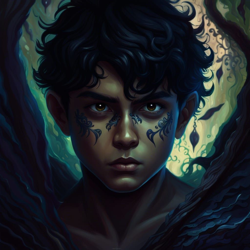 a boy with black hair with shadowy figure like a monster behind him thats  connected to his body - AI Generated Artwork - NightCafe Creator