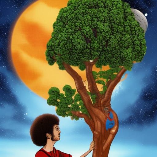 An astronaut with an afro managing a bonzai tree, high defin...