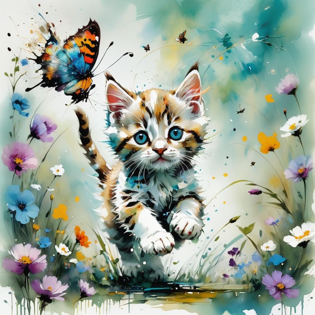 Kitten Chasing Butterfly in Spring, Carne Griffiths Style