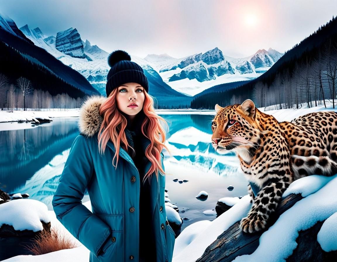 A girl and a leopard in a winter❄️ river-scape 🌊