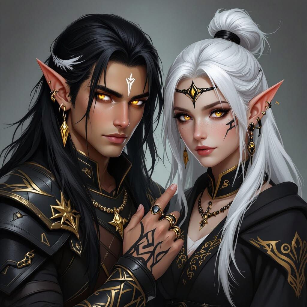 Twin siblings — one male and one female — stand side by side at the edge of an ancient, windswept cliff overlooking a sprawling fantasy king...