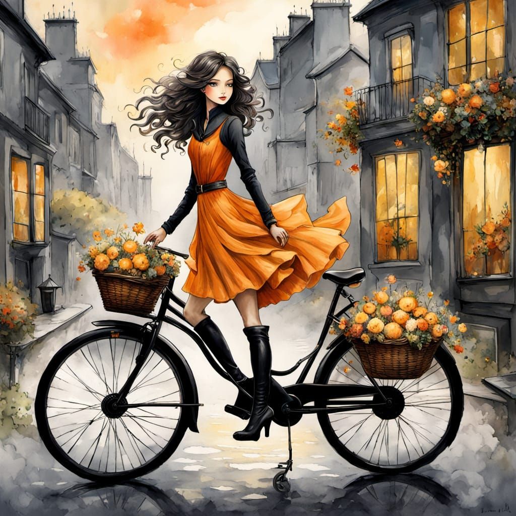 Whimsical Watercolor Fantasy: Woman on Vintage Bike