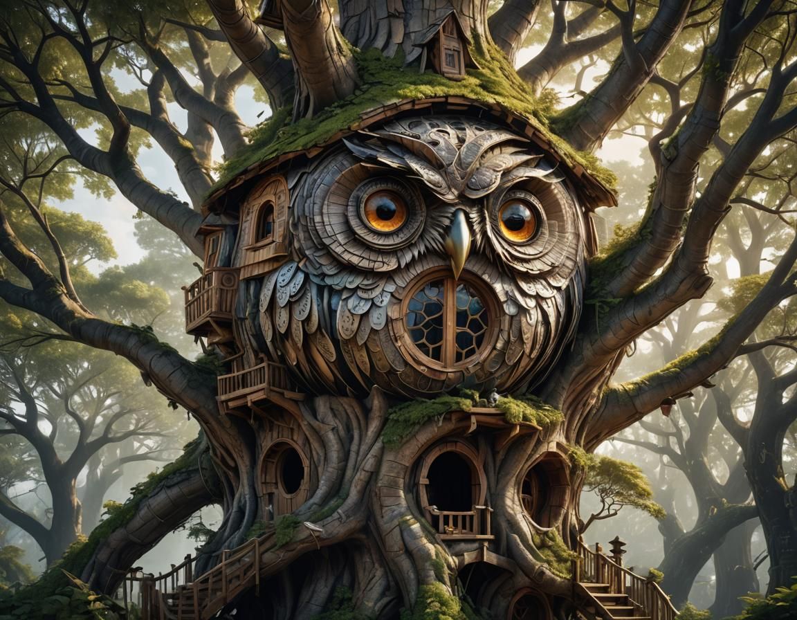 Owl shaped tree house 2  by @twilightveil