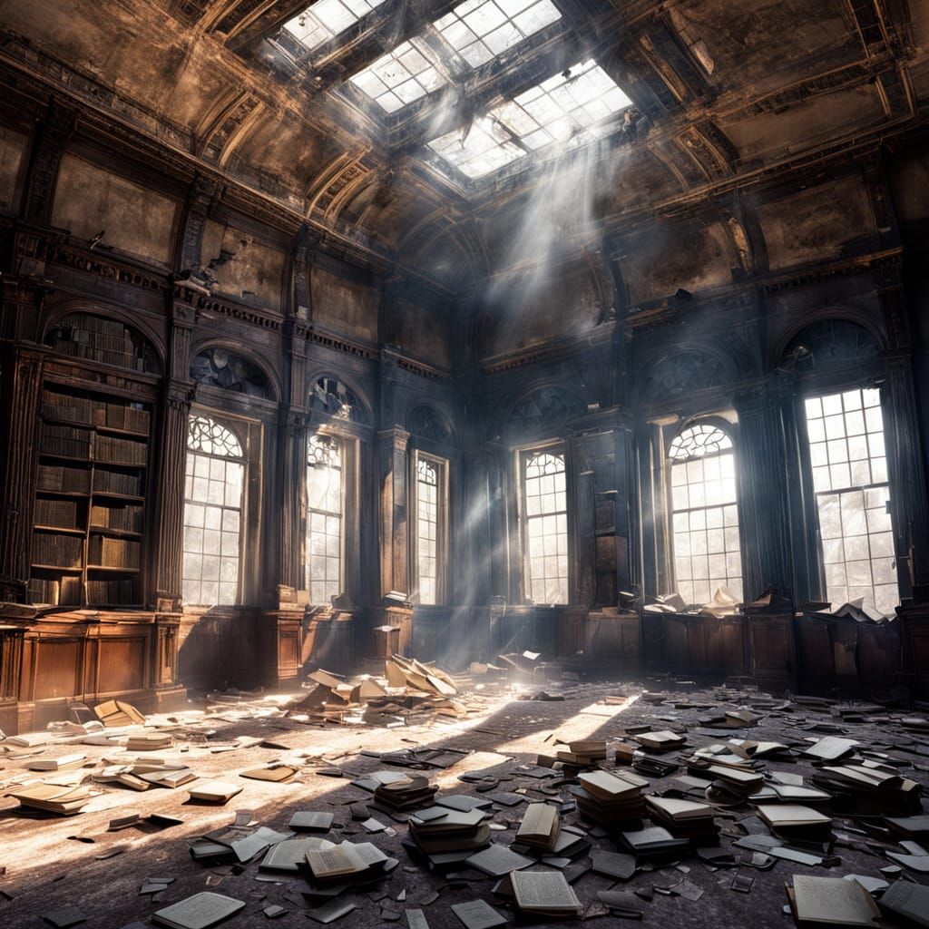 "An old, abandoned library with dusty books and broken windows, sunlight streaming through, highlighting ...  by @PhilippeP 