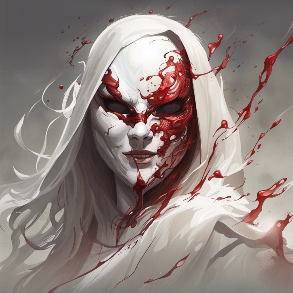 A white, smiling mask with no eyes and blood pouring from it...