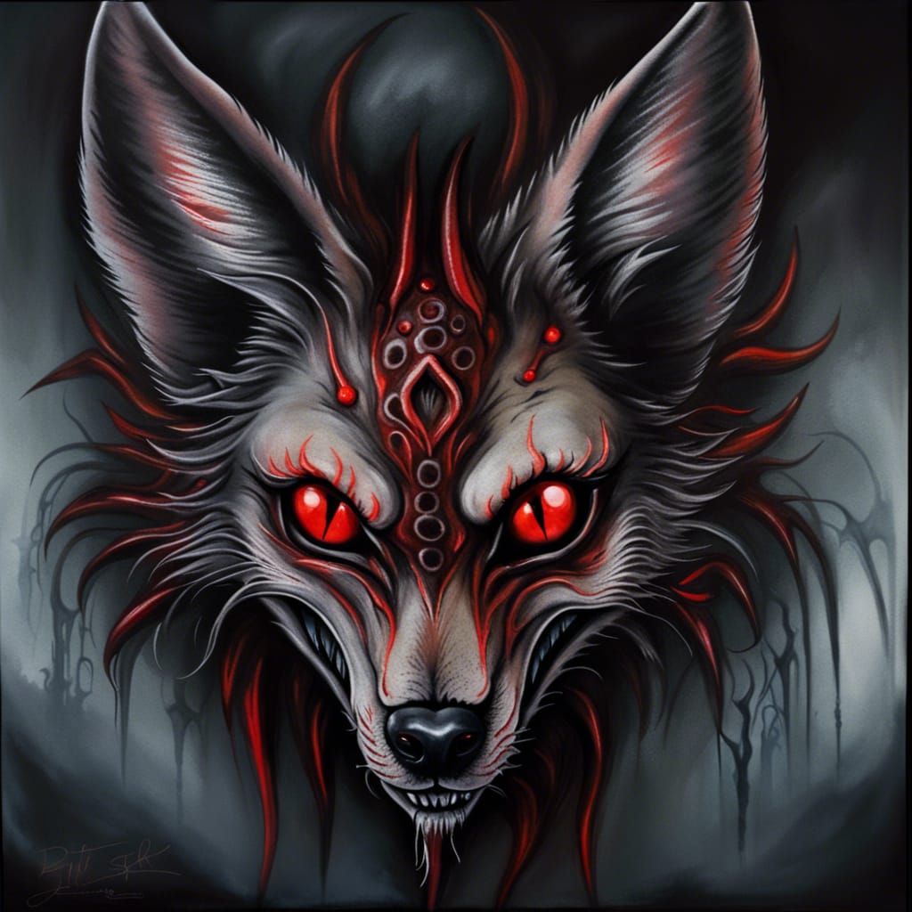 Evil Jackal that has three red eyes elritch airbrush art hor...