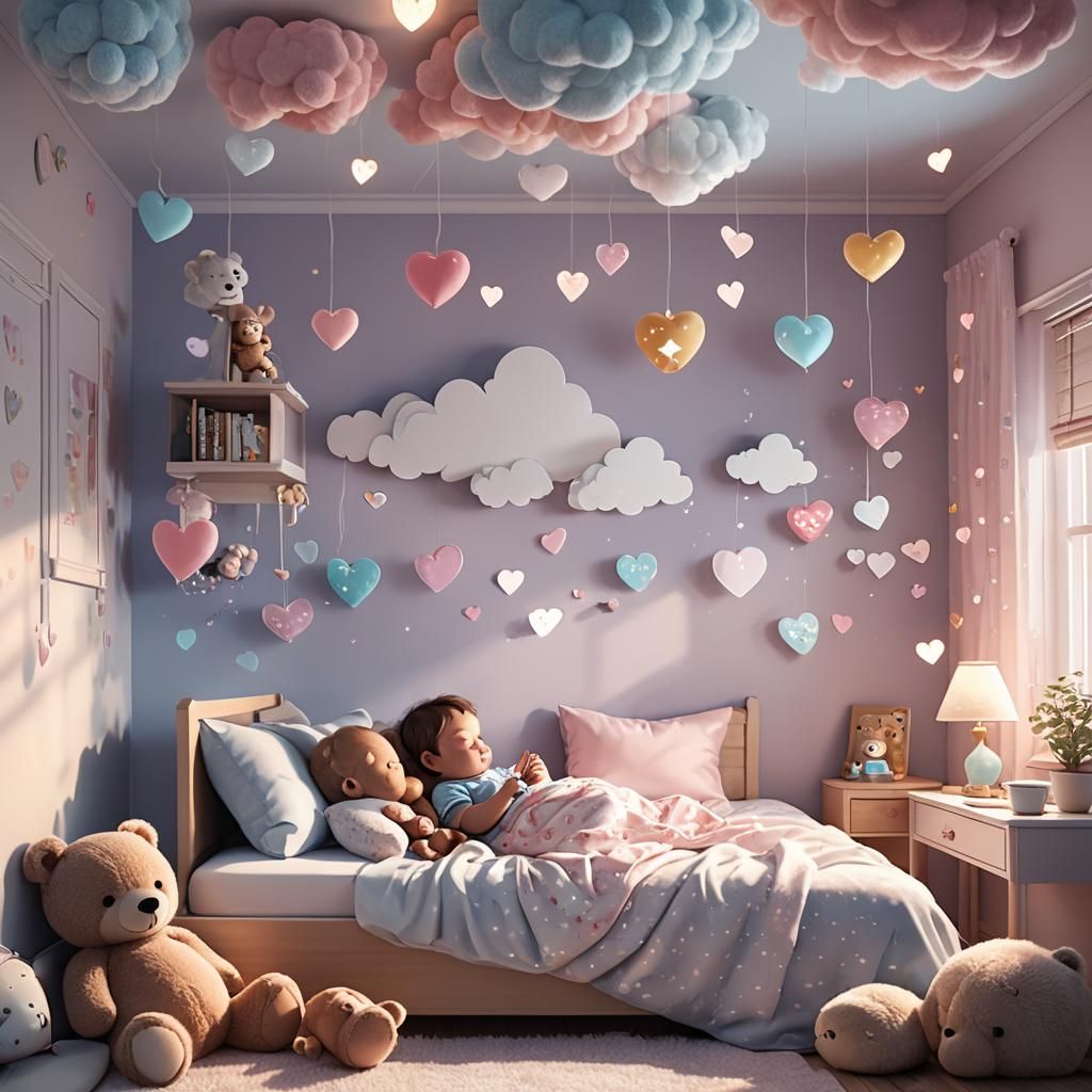 Sleeping Baby with Floating Hearts: Fantasy Illustration