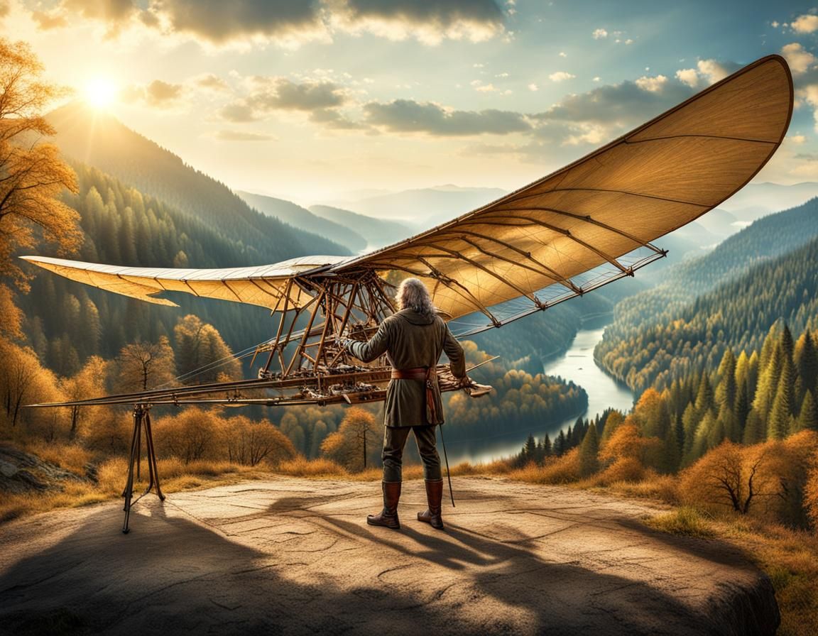 Leonardo Da Vinci inspecting his invention: the Ornithopter.  by @Steffen