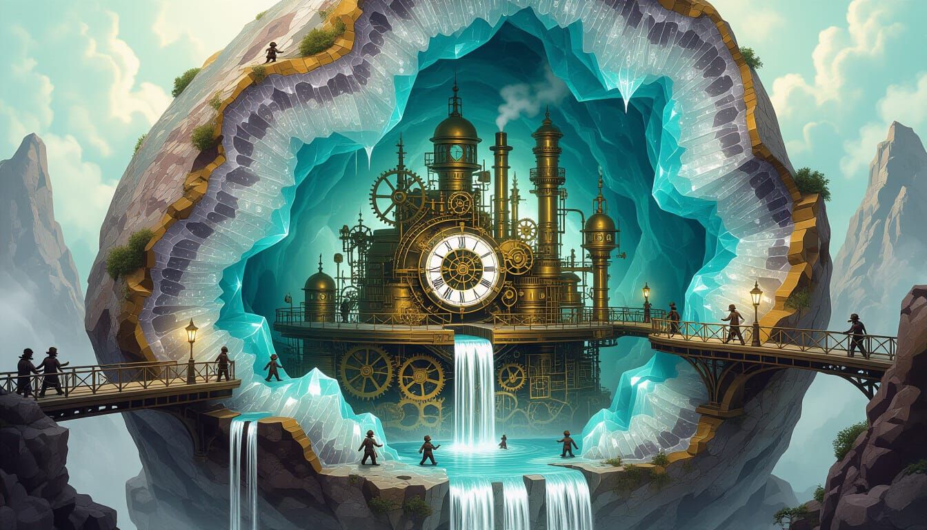 A whimsical clockwork city built within a giant, hollowed-out geode, with intricate brass gears and steam-powered mechanisms powering its st...