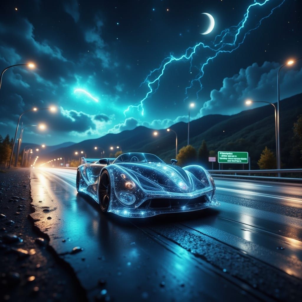 Futuristic Diamond Car on Stormy Highway