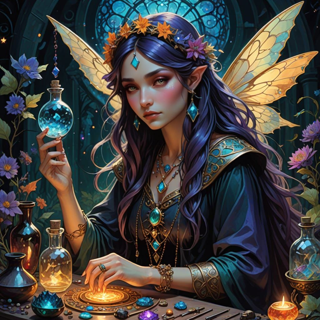 Goddess Witch Fairy Crafting Potions in Neo-Fantasy Style