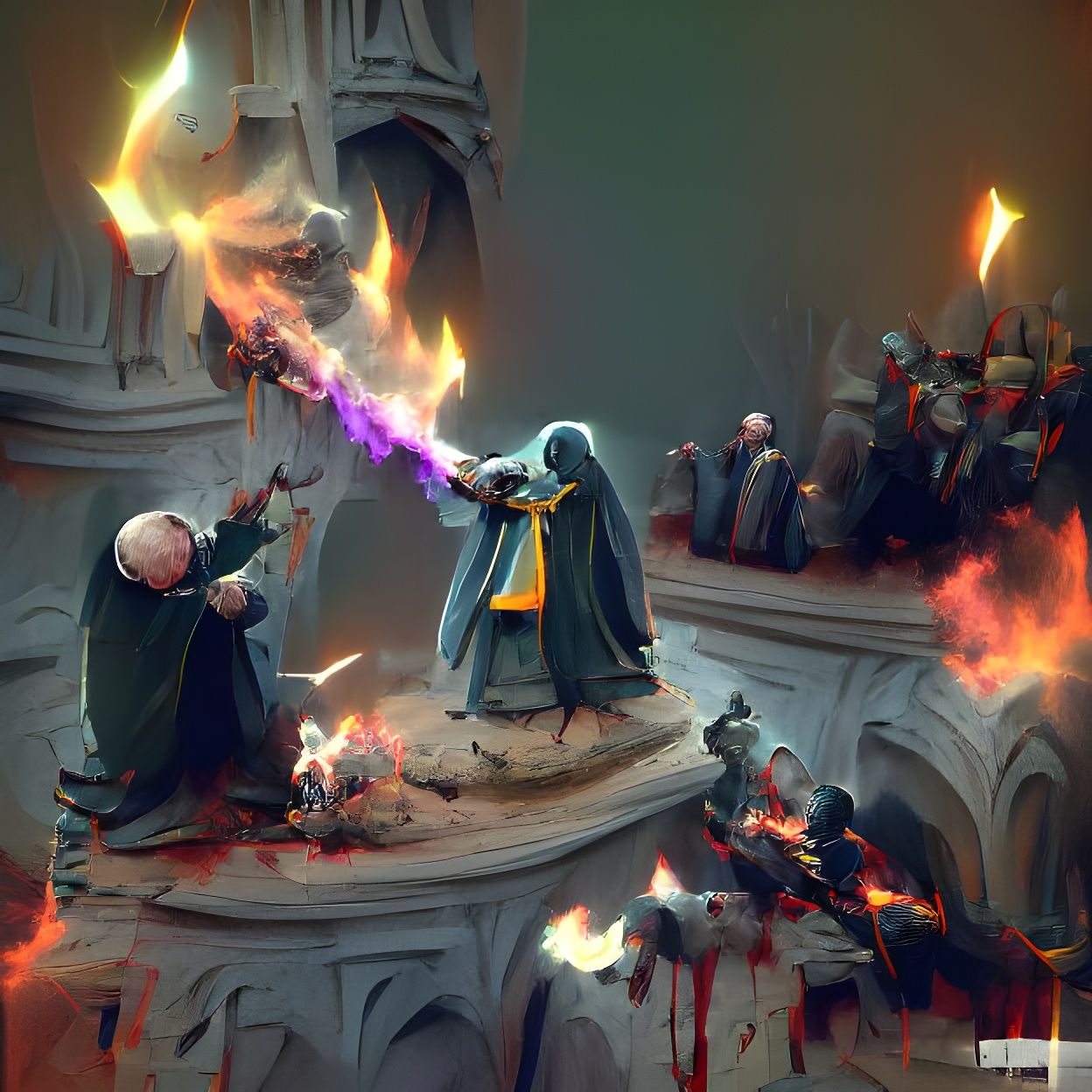 A hooded priest casting holy fire on an undead enemy. Artsta...