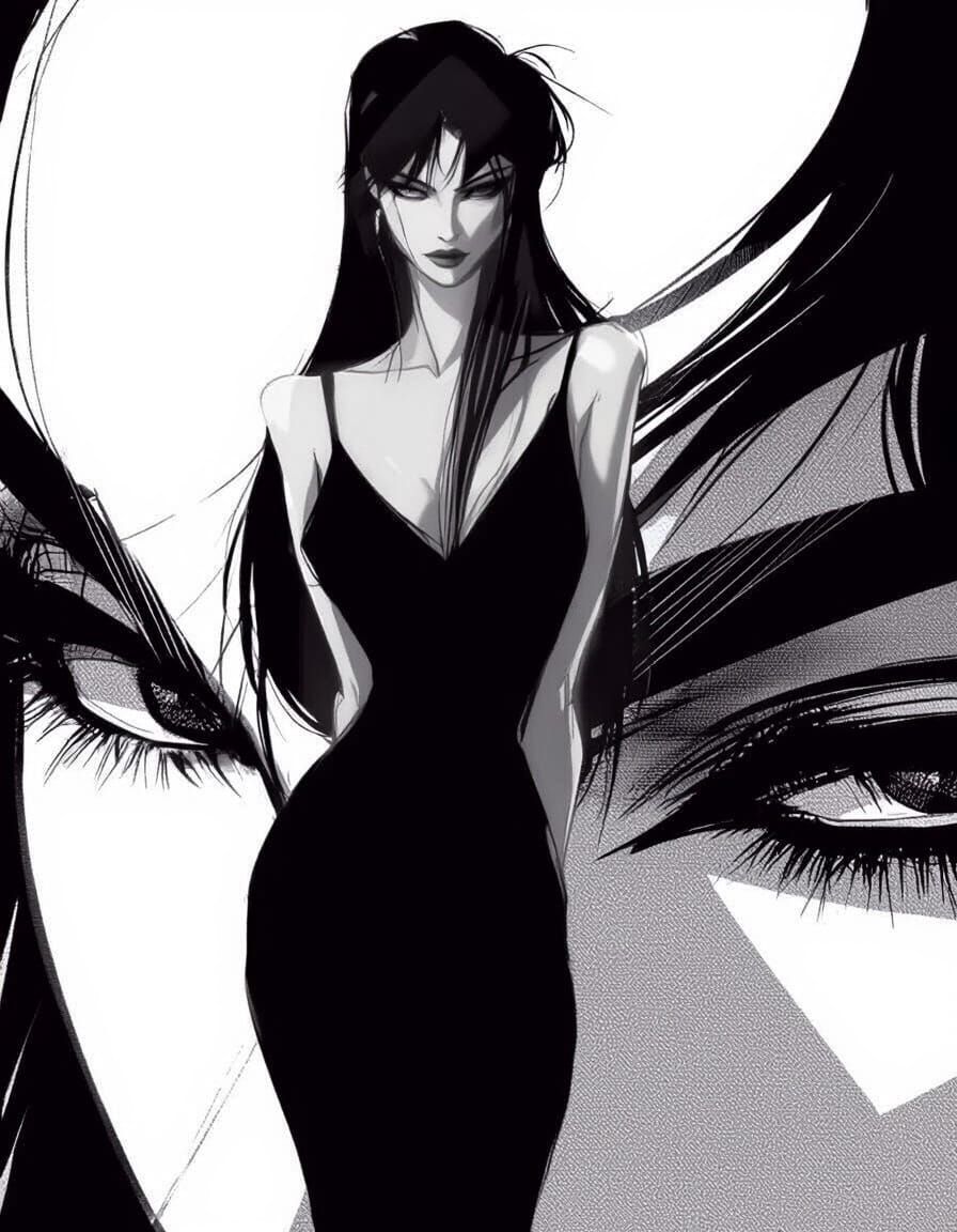 This illustration portrays a striking, enigmatic woman standing confidently at the center of the composition. She is drawn in a bold monochr...