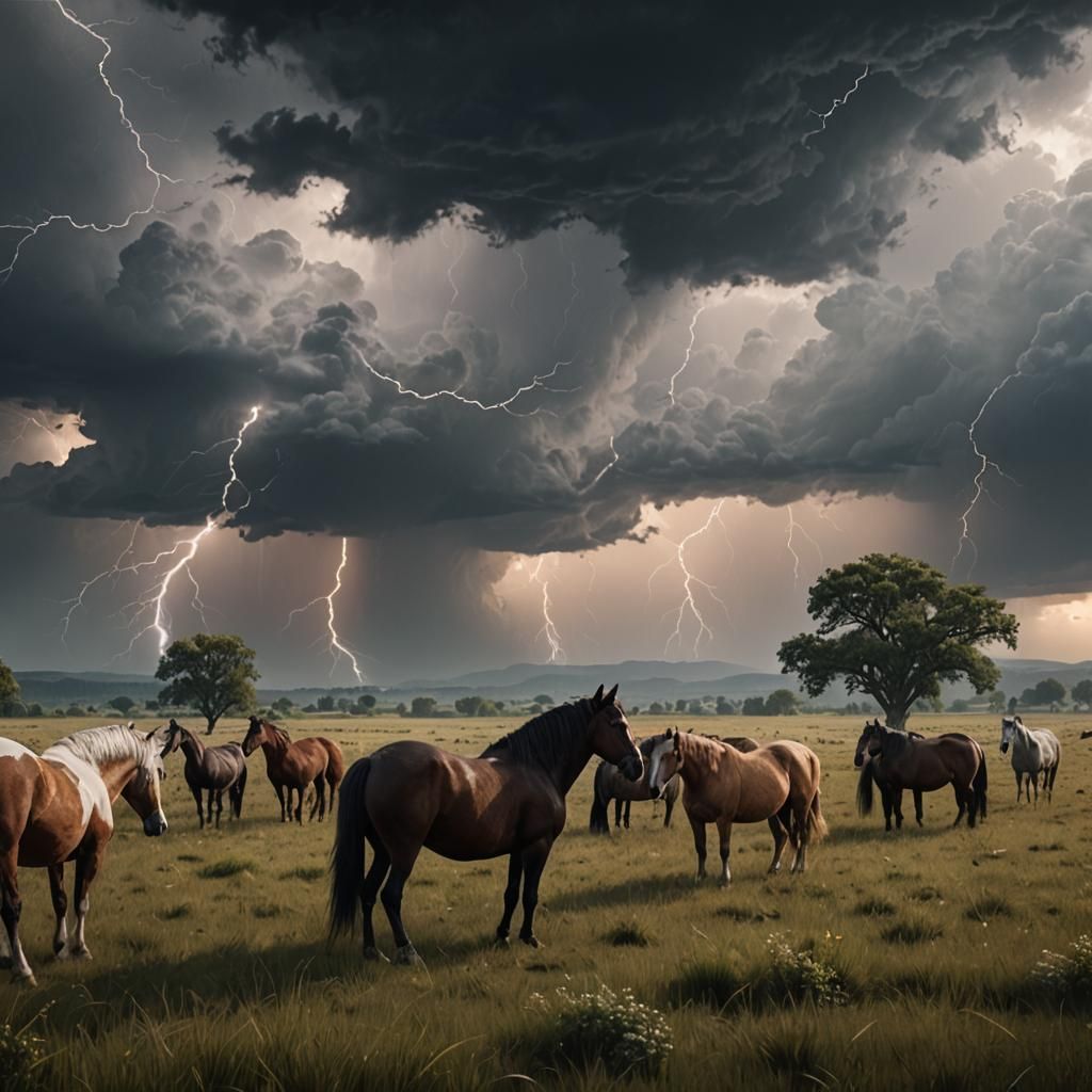Horses grazing in a field with a storm brewing in the backro...