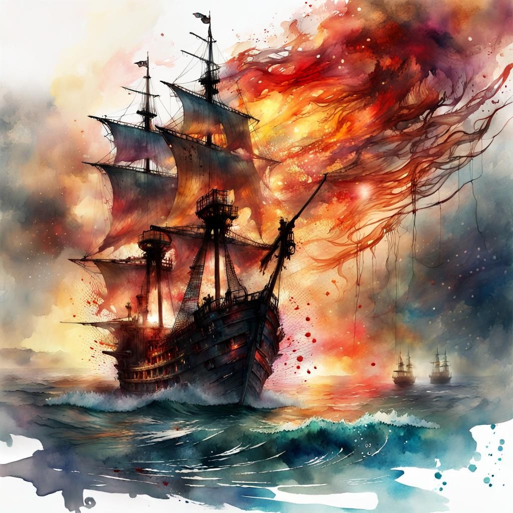 Pirate Ship Battle in Watercolor Fantasyscape