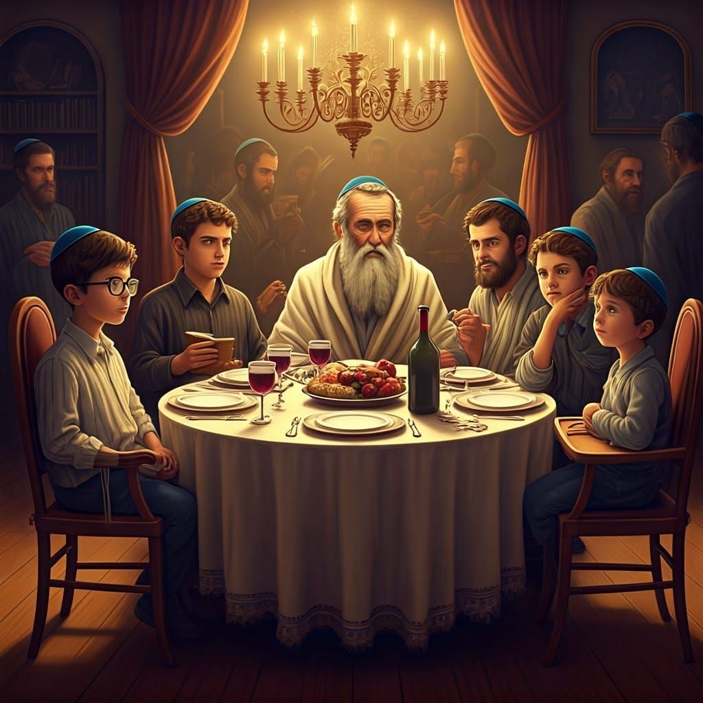 Seder Table with Four Sons Celebrating Passover
