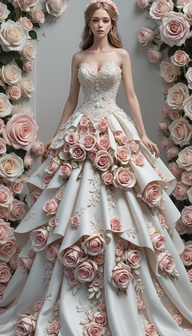 a wedding dress made of white and pink roses