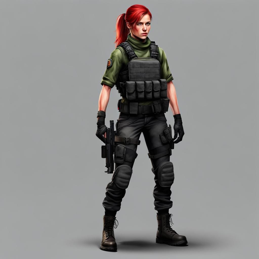 realistic attractive female mercenary, head to toe full body...