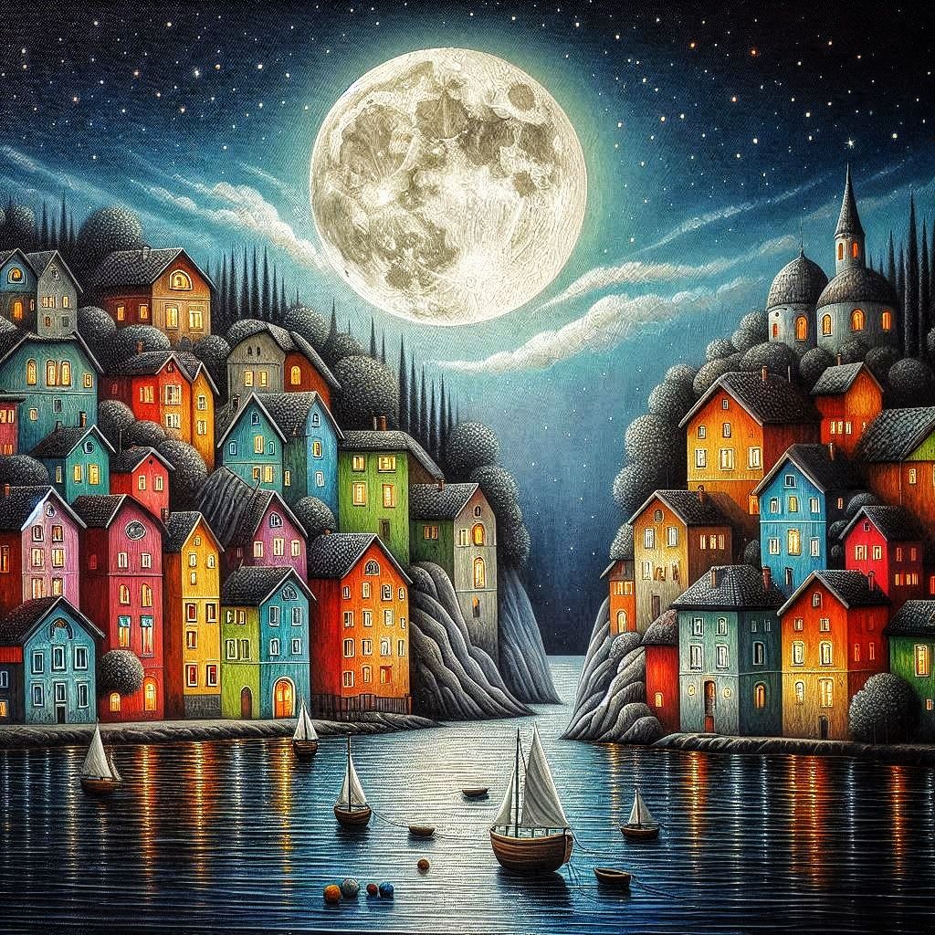 A colorful town Folk art