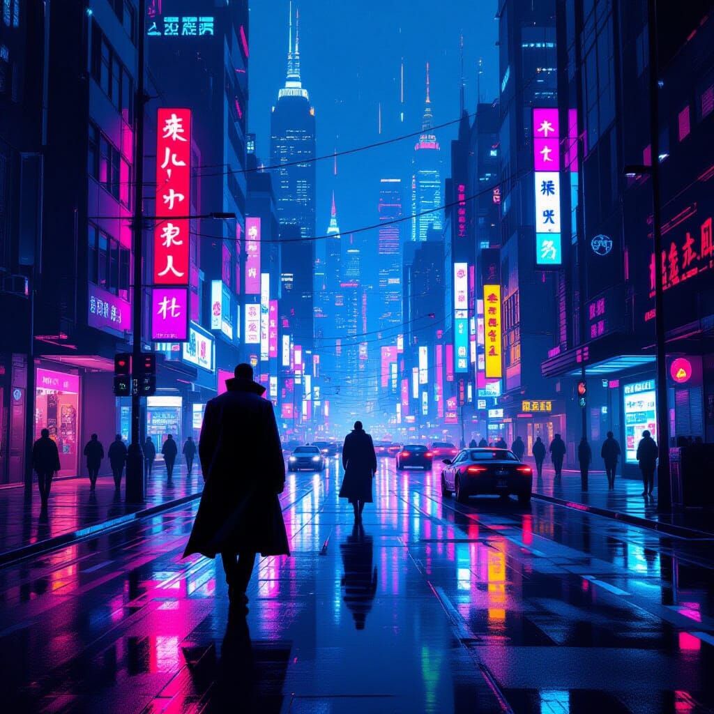 Cyberpunk Cityscape at Dusk with Neon Reflections