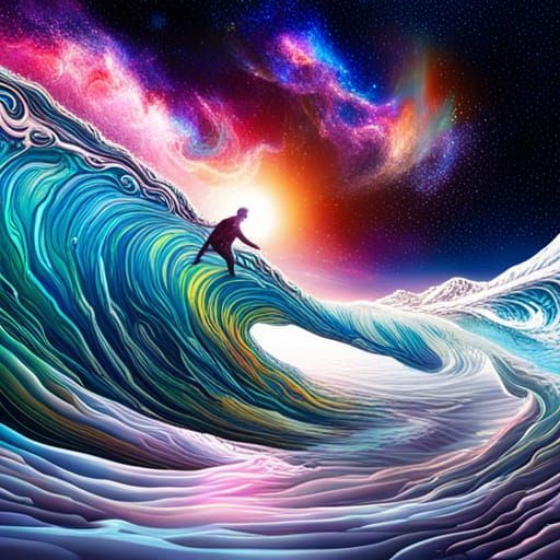 Depiction of a man surfing galactic waves in a great cosmic adventure ...