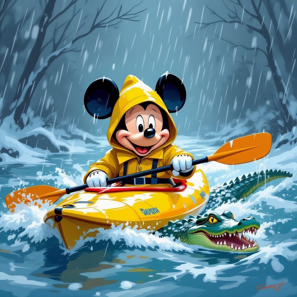 Mickey Mouse Kayaking in Stormy River, Ominous Scene