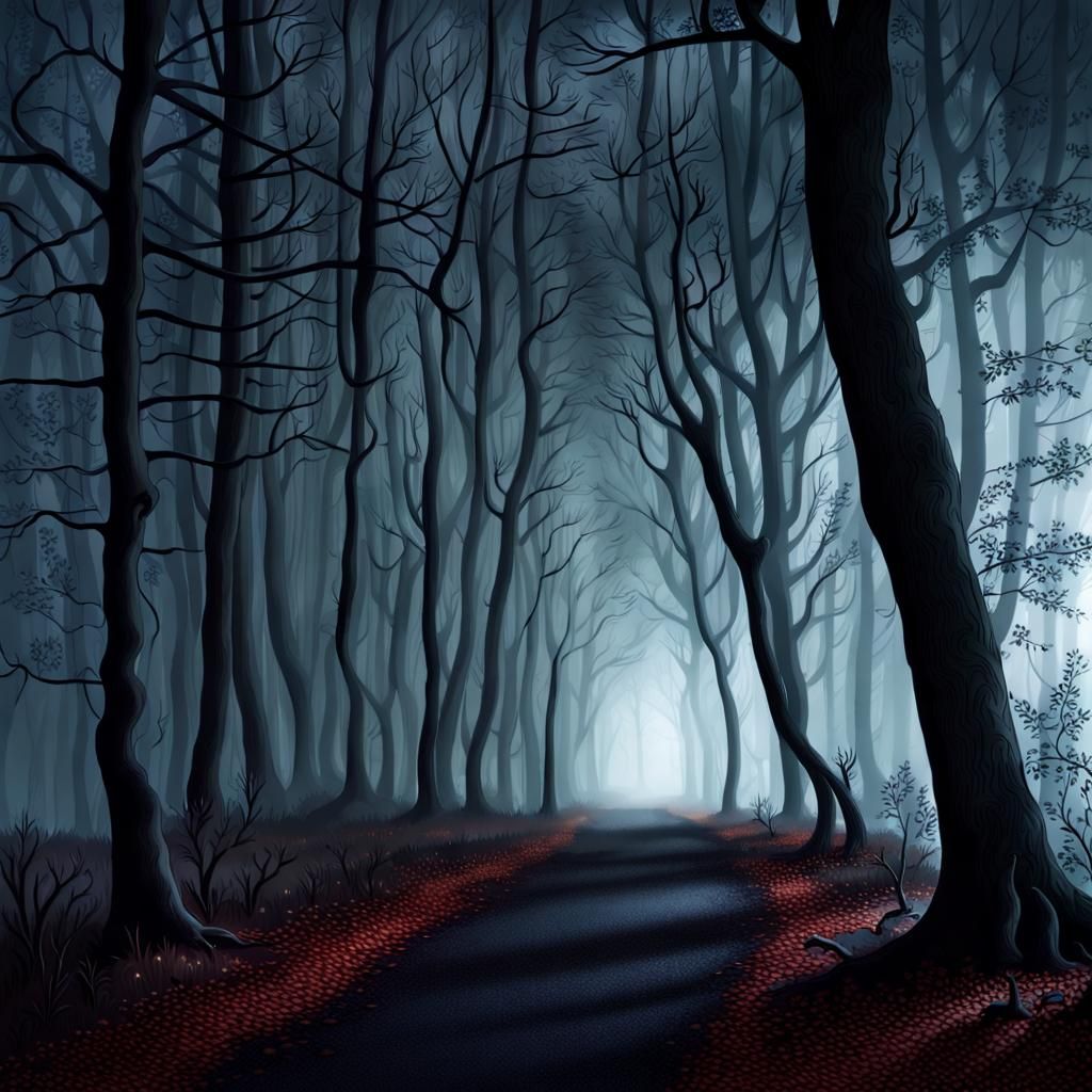 Spooky, foggy forest path at night.