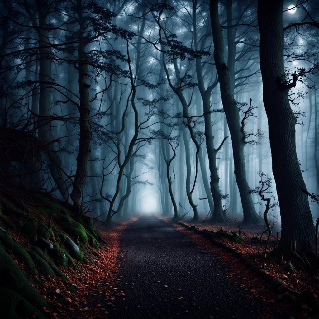 Spooky, foggy forest path at night.