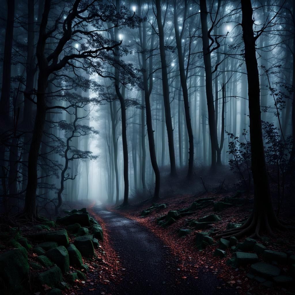 Spooky, foggy forest path at night.