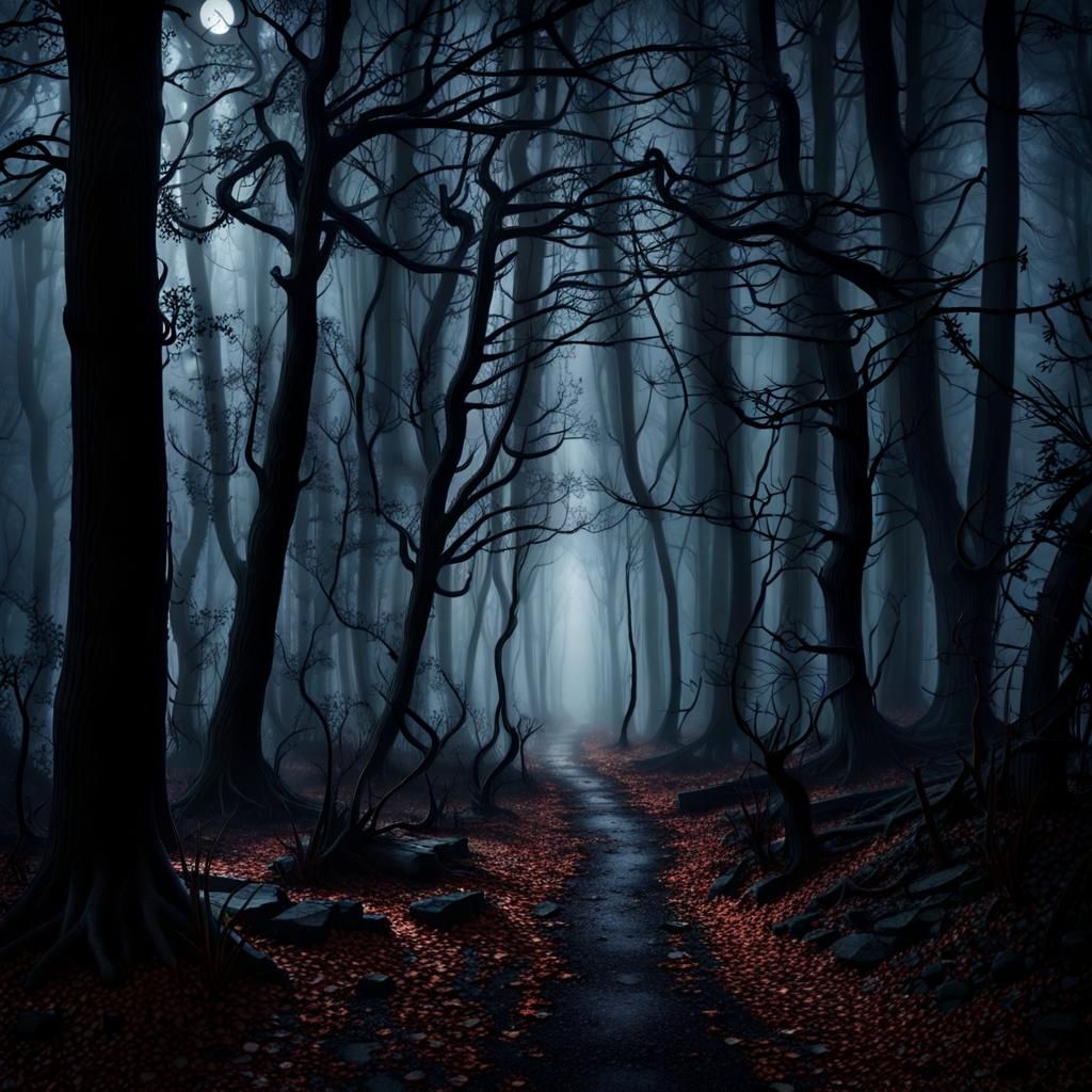 Spooky, foggy forest path at night.