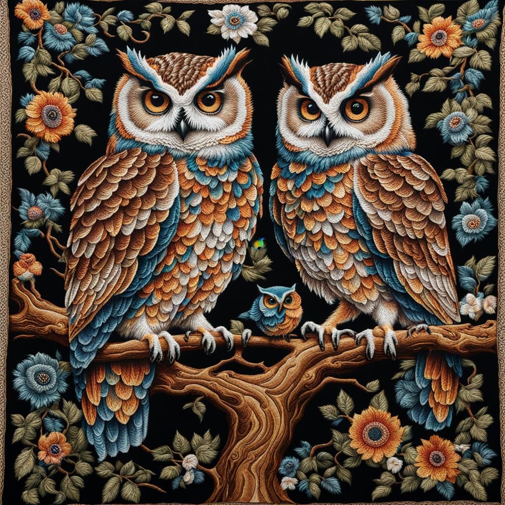 Embroidered Owls On A Tree - Ai Generated Artwork - Nightcafe Creator