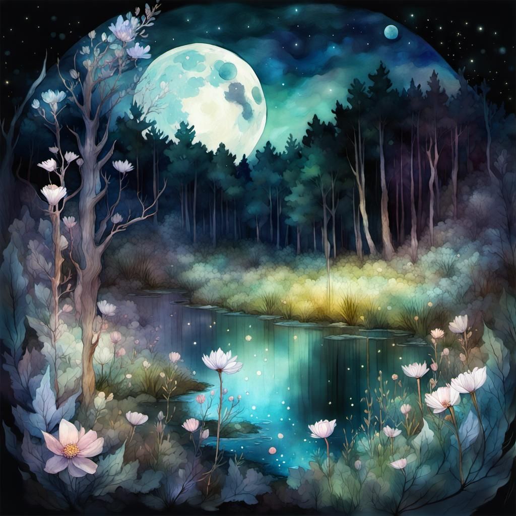full moon moonlit meadow in a forest glade constellations il...