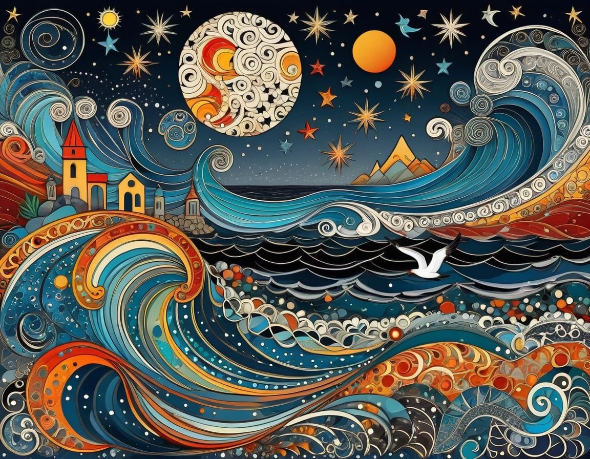 Zentangle Rocky Beach with Seagulls