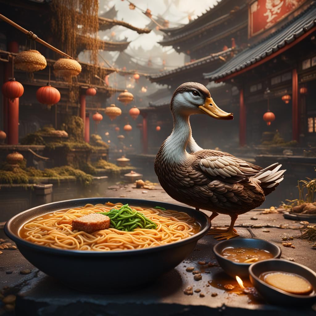 Duck eating ramen
