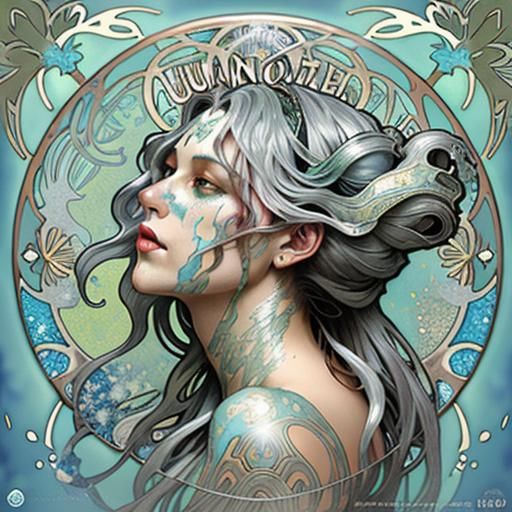 Thundering Heart, covered in liquid silver, Alphonse Mucha s...