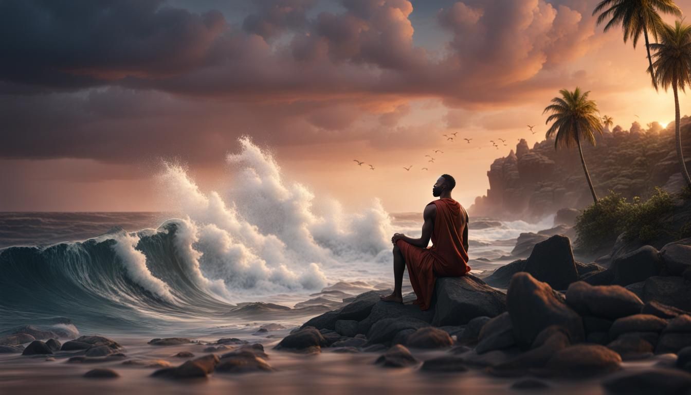 African man sitting on a beach rock watching the crashing wa...