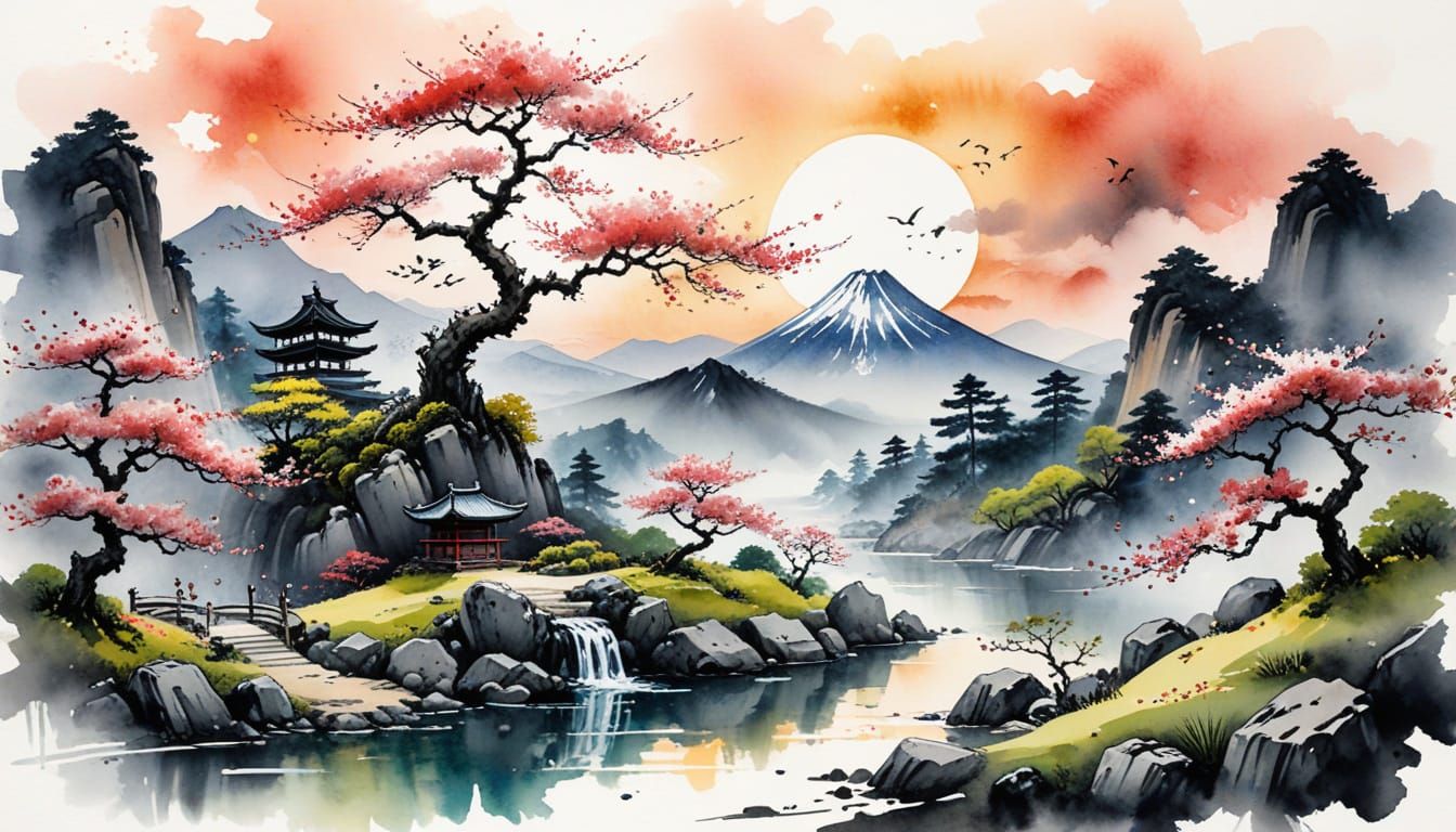 Japanese Ink and watercolor on white paper.   by @Sporky