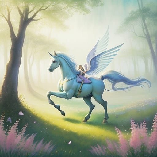 Fairy and Pegasus in Watercolor Fantasy Art